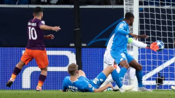 Sergio Agüero ManCity 10 scored the Goal for 1 1 goals Goal Action Action Football Soccer UEFA Champions League TSG 1899 Hoffenheim Manchester City FC xozx