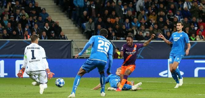 Raheem Sterling 7 Manchester City right back fails Oliver Baumman 1 goal 1899 Hoffenheim TSG 1899 Hoffenheim vs Manchester City Groupe F Matchday 2 October 02 2018 Wirsol Rhein Neckar Arena Germany YmdY DFL regulations prohibit any use of images as image sequences and or quasi video TSG 1899 Hoffenheim Manchester City