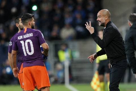 Sergio Agueero Agüero 10 Manchester City Pep Guardiola Coach Manchester City UEFA Champions League TSG 1899 Hoffenheim vs. Manchester City Groupe F Matchday 2 October 02 2018 Wirsol Rhein Neckar Arena Germany YmdY DFL regulations prohibit any use of images as or sequences TSG 1899 Hoffenheim Manchester City