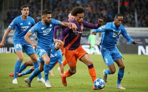 Kerem DERIMBAY 10 1899 Hoffenheim Leroy Sane 19 Manchester City Joshua BRENET 2 1899 Hoffenheim TSG 1899 Hoffenheim vs Manchester City Groupe F Matchday 2 October 02 2018 Wirsol Rhein Neckar Arena Germany YmdY DFL regulations prohibit any use of images as image sequences and or quasi video TSG 1899 Hoffenheim Manchester City