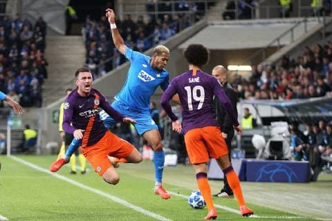 02 10 2018 xtvx Football UEFA Champions League TSG 1899 Hoffenheim Manchester City FC emspor v l Duel tackle compete Aymeric Laporte Manchester City Joelinton TSG 1899 Hoffenheim DFL DFB REGULATIONS PROHIBIT ANY USE OF PHOTOGRAPH as IMAGE SEQUENCES and or QUASI VIDEO Sinsheim