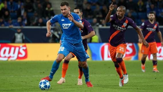 Joshua Brenet Hoffenheim 2 Fernando Luis Roza Fernandinho ManCity 25 Duel duel tackle tackling Dynamics Action Action Soccer UEFA Champions League TSG 1899 Hoffenheim Manchester City FC xozx