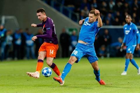 Sinsheim Germany 01 10 2018 UEFA Champions League Group Stage Group F TSG 1899 Hoffenheim Manchester City Aymeric Laporte MCI and Adam Szalai TSG in a duel DeFodi048