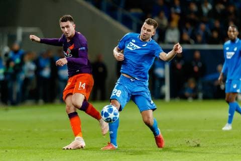 Sinsheim Germany 01 10 2018 UEFA Champions League Group Stage Group F TSG 1899 Hoffenheim Manchester City Aymeric Laporte MCI and Adam Szalai TSG in a duel DeFodi048