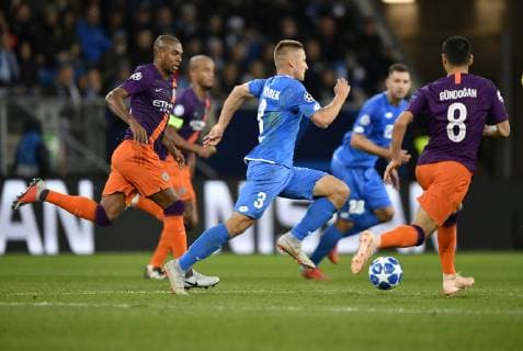 Pavel Kaderabek TSG 1899 Hoffenheim on the ball against Fernandinho Manchester City left Ilkay Gündogan Manchester City right TSG 1899 Hoffenheim vs Manchester City Man City Champions League CL Group stage 02 10 2018 DFL REGULATIONS PROHIBIT ANY USE OF PHOTOGRAPH AS IMAGE SEQUENCES AND OR QUASI CLASS TSG 1899 Hoffenheim vs Manchester City