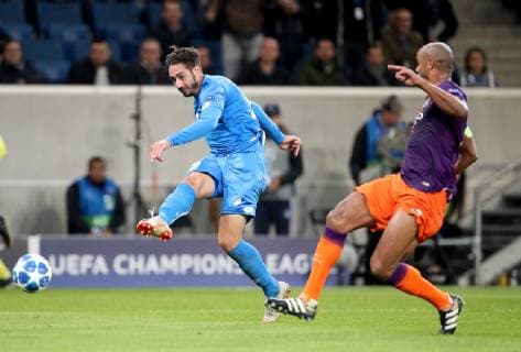 Germany Sinsheim WIRSOL Rhein Neckar Arena 02 10 2018 Soccer UEFA Champions League TSG Hoffenheim Manchester City Picture of lk Ishak Belfodil TSG 1899 Hoffenheim 19 and Vincent Kompany Manchester City 4 Copyright: HMBxMedia xHeikoxBecker