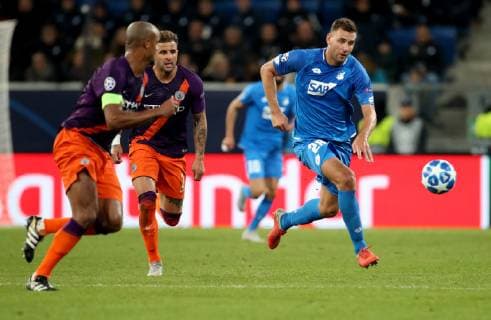 Germany Sinsheim WIRSOL Rhein Neckar Arena 02 10 2018 Soccer UEFA Champions League TSG Hoffenheim Manchester City FC Vincent Kompany Manchester City 4 Kyle Walker Manchester City 2 and Adam Szalai TSG 1899 Hoffenheim 28 Copyright: HMBxMedia xHeikoxBecker