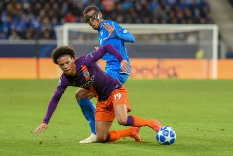 Leroy Sane Manchester City FC and Kevin Akpoguma TSG 1899 Hoffenheim Germany Sinsheim 02 10 2018 Sport Soccer UEFA Champions League TSG 1899 Hoffenheim vs Manchester City Rhein Neckar Arena
