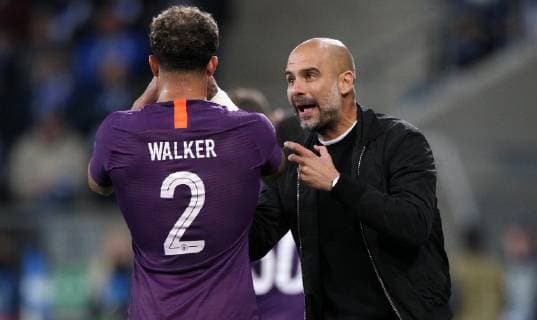 Kyle Walker 2 Manchester City Pep Guardiola Coach Manchester City UEFA Champions League TSG 1899 Hoffenheim vs Manchester City Groupe F Matchday 2 October 02 2018 Wirsol Rhein Neckar Arena Germany YmdY DFL regulations prohibit any use of photographs or video sequences TSG 1899 Hoffenheim Manchester City