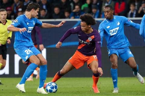 Justin Hoogma Hoffenheim 24 Leroy Sane ManCity 19 Joshua Brenet Hoffenheim 2 Action Action Game Scene Soccer UEFA Champions League TSG 1899 Hoffenheim Manchester City FC xozx