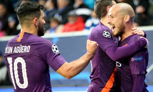 Germany Sinsheim WIRSOL Rhein Neckar Arena 02 10 2018 Soccer UEFA Champions League TSG Hoffenheim Manchester City Bild v lk celebrate the 2 1 Sergio Agüero Manchester City 10 John Stones Manchester City 5 and goalscorer David Silva Manchester City 21 Copyright: HMBxMedia xHeikoxBecker