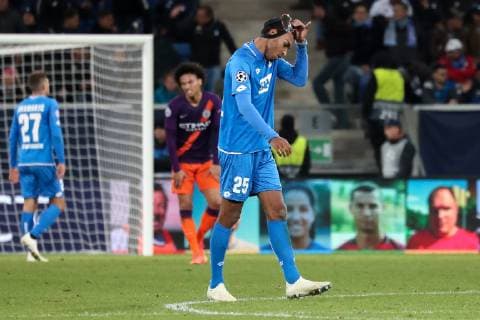 Kevin Akpoguma Hoffenheim 25 disappointed with the defeat disappointment after the final whistle Losers lost frustration disappointed pessimistic football UEFA Champions League TSG 1899 Hoffenheim Manchester City FC xozx