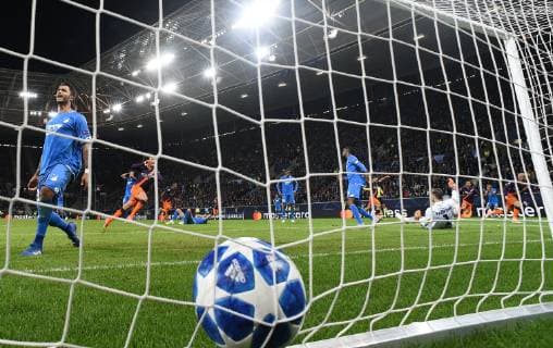 02 10 2018 xfux Soccer UEFA Champions League TSG 1899 Hoffenheim Manchester City FC emporer Oliver Baumann TSG 1899 Hoffenheim David Silva Manchester City FC Goal scored Goal scored for 1 2 Sinsheim