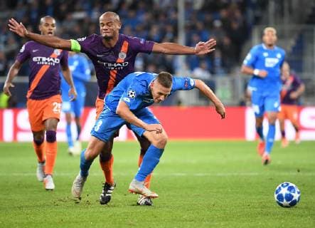 02 10 2018 xmeix Soccer UEFA Champions League TSG 1899 Hoffenheim Manchester City FC emporer Pavel Kaderabek TSG 1899 Hoffenheim v Vincent Kompany Manchester City DFL DFB REGULATIONS PROHIBIT ANY USE OF PHOTOGRAPH as IMAGE SEQUENCES and or QUASI VIDEO Sinsheim prio:1