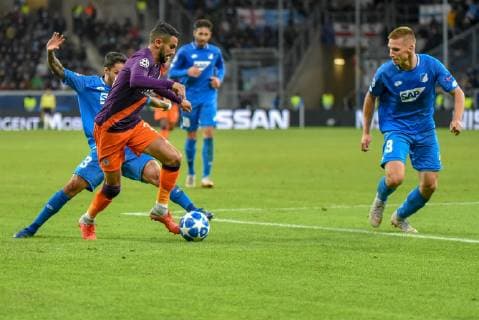 Leonardo Bittencourt TSG 1899 Hoffenheim Riyad Mahrez Manchester City FC and Pavel Kaderabek TSG 1899 Hoffenheim Germany Sinsheim 02 10 2018 Sport Soccer UEFA Champions League TSG 1899 Hoffenheim vs Manchester City Rhein Neckar Arena