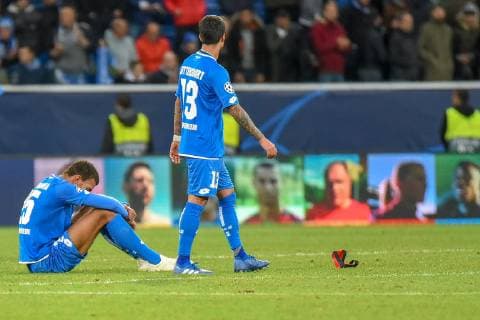 Kevin Akpoguma TSG 1899 Hoffenheim has thrown away his mask disappointed Leonardo Bittencourt TSG 1899 Hoffenheim Germany Sinsheim 02 10 2018 Sport Soccer UEFA Champions League TSG 1899 Hoffenheim vs. Manchester City Rhein Neckar Arena