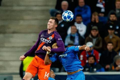 Sinsheim Germany 01 10 2018 UEFA Champions League Group Stage Group F TSG 1899 Hoffenheim Manchester City Aymeric Laporte MCI and Joeliton TSG in a duel DeFodi048