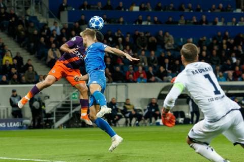 Sinsheim Germany 01 10 2018 UEFA Champions League Group Stage Group F TSG 1899 Hoffenheim Manchester City Sergio Agueero MCI and Stefan Posch TSG in a duel DeFodi048