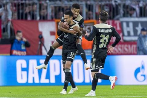 GER UEFA CL Bayern Muenchen GER vs Ajax Amsterdam NED 02 10 2018 Allianz Arena Muenchen GER UEFA CL Bayern Muenchen GER vs Ajax Amsterdam NED Group E UEFA regulations prohibit any use of photographs in the image Cheering for the goal to 1 1 by Noussair Mazraoui Ajax 12 with David Neres Ajax 7 Nicolas Tagliafico Ajax 31 nordphotox xStraubmeier nph00004