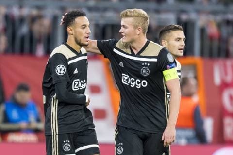 GER UEFA CL Bayern Muenchen GER vs Ajax Amsterdam NED 02 10 2018 Allianz Arena Muenchen GER UEFA CL Bayern Muenchen GER vs Ajax Amsterdam NED Group E UEFA regulations prohibit any use of photographs in the image Cheering for the goal to 1 1 by Noussair Mazraoui Ajax 12 with Matthijs de Ligt Ajax 4 nordphotox xStraubmeier nph00004