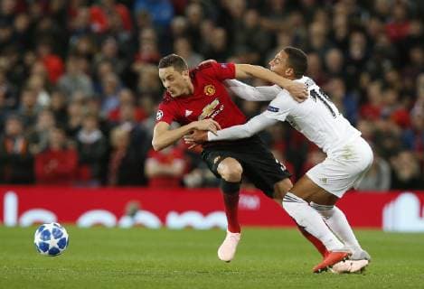 Nemanja Matic of Manchester United ManU tackled by Rodrigo of Valencia during the UEFA Champions League Group H match at Old Trafford Stadium, Manchester. Picture date: 2nd September 2018. Picture credit should read: Andrew Yates Sportimage EDITORIAL USE ONLY. No use with unauthorised audio, video, data, fixture lists, club league logos or live services. Online in-match use limited to 120 images, no video emulation. No use in betting, games or single club league player publications.