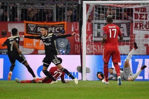 Torjubel Noussair MAZRAOUI Ajax to gate to the 1 1 cheers Joy Excitement Action FC Bayern Muenchen Ajax Amsterdam Football Champions League Group E on 02 10 2018 A L A L A N A R A N A