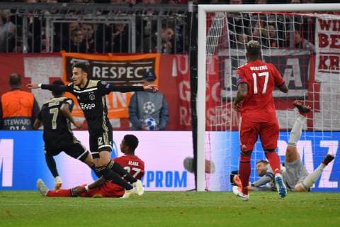 Torjubel Noussair MAZRAOUI Ajax to gate to the 1 1 cheers Joy Excitement Action FC Bayern Muenchen Ajax Amsterdam Football Champions League Group E on 02 10 2018 A L A L A N A R A N A