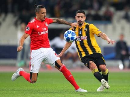 AEK Athens v Benfica UEFA Champions League Andre Simoes of AEK Athens and Ljubomir Fejsa of Benfica during the UEFA Champions League match at Olympic Stadium, Athens Content Not Available For UK Newspapers Copyright: xYannisxHalasx FIL-12362-0015