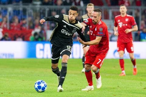 02 10 2018 xkvx Football UEFA Champions League Bayern Munich Ajax Amsterdam emporer Noussair Mazraoui Ajax Amsterdam Franck Ribery FC Bayern Munich DFL DFB REGULATIONS PROHIBIT ANY USE OF PHOTOGRAPH as IMAGE SEQUENCES and or QUASI VIDEO Munich