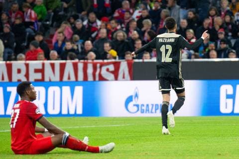 02 10 2018 xkvx Football UEFA Champions League Bayern Muenchen Ajax Amsterdam emspor v l Goal celebration Goal celebration celebrate the goal 1 1 by Noussair Mazraoui Ajax DFL DFB REGULATIONS PROHIBIT ANY USE OF PHOTOGRAPHS as IMAGE SEQUENCES and or QUASI VIDEO Muenchen