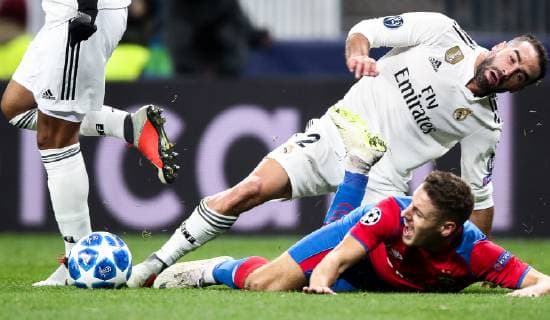 MOSCOW, RUSSIA - OCTOBER 2, 2018: Real Madrid s Dani Carvajal (L) and CSKA Moscow s Nikola Vlasic in their 2018 19 UEFA Champions League Group G Round 2 football match at Luzhniki Stadium. Valery Sharifulin TASS  TS0923C5