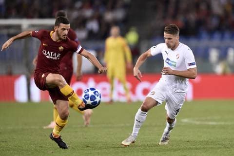 Alessandro Florenzi of AS Roma is challenged by Jan Kovarik of Viktoria Plzen during the UEFA Champions League group stage match between Roma and FC Viktoria Plzen at Stadio Olimpico, Rome, Italy on 2 October 2018. Copyright: xGiuseppexMaffiax 21460017