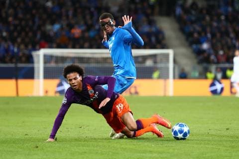 in a duel with Kevin Akpoguma TSG 1899 Hoffenheim Leroy Sane Manchesteer City TSG 1899 Hoffenheim vs. Manchester City Football Champions League 02 10 2018 TSG 1899 Hoffenheim vs. Manchester City Football Champions League 02 10 2018 Hoffenheim Copyright: xEIBNER AlexanderxNeisx EP_ANS