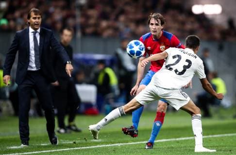 MOSCOW, RUSSIA - OCTOBER 2, 2018: Real Madrid s head coach Julen Lopetegui, CSKA Moscow s Mario Fernandes, and Real Madrid s Sergio Reguilon (L-R) in their 2018 19 UEFA Champions League Group G Round 2 football match at Luzhniki Stadium. Valery Sharifulin TASS  TS0923CC