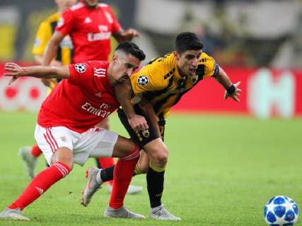 AEK Athens v Benfica UEFA Champions League Petros Mandalos of AEK Athens and Andre Almeida of Benfica during the UEFA Champions League match at Olympic Stadium, Athens Content Not Available For UK Newspapers Copyright: xYannisxHalasx FIL-12362-0025