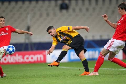 AEK Athens v Benfica UEFA Champions League Tasos Bakasetas of AEK Athens takes a shot in goal during the UEFA Champions League match at Olympic Stadium, Athens Content Not Available For UK Newspapers Copyright: xYannisxHalasx FIL-12362-0026