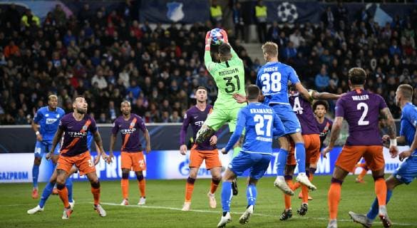 Stadium Scene Goalkeeper Scene Goalkeeper Ederson Manchester City Starts Ball Stefan Posch TSG 1899 Hoffenheim and TSG 1899 Hoffenheim TSG 1899 Hoffenheim vs Manchester City Man City Champions League CL Group Stage 02 10 2018 DFL REGULATIONS PROHIBIT ANY USE OF PHOTOGRAPH AS IMAGE SEQUENCES AND OR QUASI VIDEO CL TSG 1899 Hoffenheim vs Manchester City