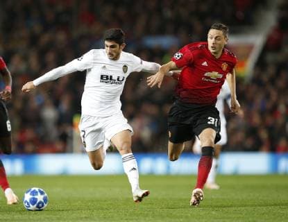 Goncalo Guedes of Valencia tackled by Nemanja Matic of Manchester United ManU during the UEFA Champions League Group H match at Old Trafford Stadium, Manchester. Picture date: 2nd September 2018. Picture credit should read: Andrew Yates Sportimage EDITORIAL USE ONLY. No use with unauthorised audio, video, data, fixture lists, club league logos or live services. Online in-match use limited to 120 images, no video emulation. No use in betting, games or single club league player publications.