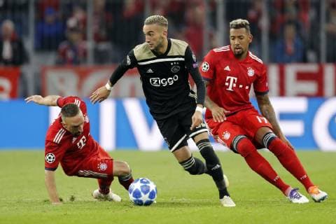 (l-r) Franck Ribery of FC Bayern Munchen, Hakim Ziyech of Ajax, Jerome Boateng of FC Bayern Munchen during the UEFA Champions League group E match between Bayern Munich and Ajax Amsterdam at the Allianz Arena on October 02, 2018 in Munich, Germany UEFA Champions League 2018 2019 xVIxVIxImagesx xTomxBodexMultimediaxIVx 12325973