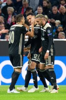 02 10 2018 xkvx Football UEFA Champions League Bayern Muenchen Ajax Amsterdam emspor v l Goal celebration Goal celebration celebrate the goal 1 1 by Noussair Mazraoui Ajax DFL DFB REGULATIONS PROHIBIT ANY USE OF PHOTOGRAPHS as IMAGE SEQUENCES and or QUASI VIDEO Muenchen