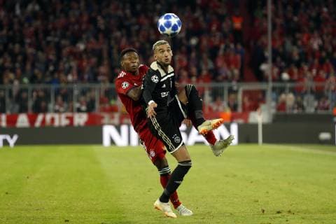 (l-r) David Alaba of FC Bayern Munchen, Hakim Ziyech of Ajax during the UEFA Champions League group E match between Bayern Munich and Ajax Amsterdam at the Allianz Arena on October 02, 2018 in Munich, Germany UEFA Champions League 2018 2019 xVIxVIxImagesx xTomxBodexMultimediaxIVx 12326128