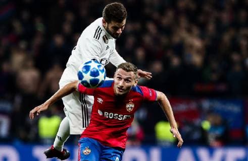 MOSCOW, RUSSIA - OCTOBER 2, 2018: Real Madrid s Nacho (L) and CSKA Moscow s Fyodor Chalov fight for the ball in their 2018 19 UEFA Champions League Group G Round 2 football match at Luzhniki Stadium. Anton Novoderezhkin TASS  TS0923DA