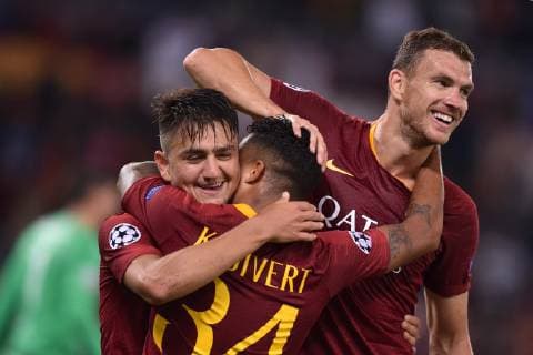 Esultanza dopo il gol di Justin Kluivert Roma, con Under, Dzeko. Goal celebration. Roma 01-10-2018 Stadio Olimpico Football Calcio UEFA Champions League 2018 2019 AS Roma - FC Viktoria Plzen Foto Antonietta Baldassarre Insidefoto AntoniettaxBaldassarre