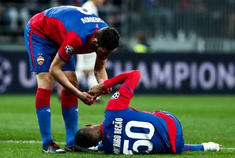 MOSCOW, RUSSIA - OCTOBER 2, 2018: CSKA Moscow s Rodrigo Becao (R) and Nikita Chernov in the 2018 19 UEFA Champions League Group G Round 2 football match against Real Madrid at Luzhniki Stadium. Anton Novoderezhkin TASS  TS0923DE