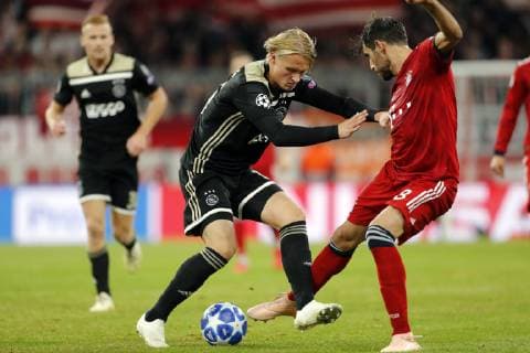 (l-r) Kasper Dolberg of Ajax, Javi Martinez of FC Bayern Munchen during the UEFA Champions League group E match between Bayern Munich and Ajax Amsterdam at the Allianz Arena on October 02, 2018 in Munich, Germany UEFA Champions League 2018 2019 xVIxVIxImagesx xTomxBodexMultimediaxIVx 12326241