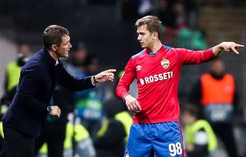MOSCOW, RUSSIA - OCTOBER 2, 2018: CSKA Moscow s head coach Viktor Goncharenko (L) and Ivan Oblyakov in the 2018 19 UEFA Champions League Group G Round 2 football match against Real Madrid at Luzhniki Stadium. Valery Sharifulin TASS  TS0923E9