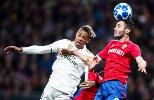 MOSCOW, RUSSIA - OCTOBER 2, 2018: Real Madrid s Mariano (L) and CSKA Moscow s Nikita Chernov head the ball in their 2018 19 UEFA Champions League Group G Round 2 football match at Luzhniki Stadium. Valery Sharifulin TASS  TS0923F2