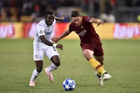 Luca Pellegrini of AS Roma is challenged by Ubong Ekpai of Viktoria Plzen during the UEFA Champions League group stage match between Roma and FC Viktoria Plzen at Stadio Olimpico, Rome, Italy on 2 October 2018. Copyright: xGiuseppexMaffiax 21460049