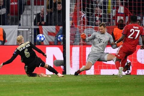 Goalkeeper Donny VAN DE BEEK Ajax shoots free-standing at the goal and Manuel NEW goalkeeper FC Bayern Muenchen over Action shot FC Bayern Muenchen Ajax Amsterdam 1 1 Football Champions League Group E on 02 10 2018 A L A L A N A R A N A