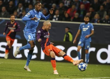 October 2, 2018 - Sinsheim, Germany - Manchester City s Spanish midfielder David Silva scores the 2-1 during the UEFA Champions League group F football match between TSG 1899 Hoffenheim and Manchester City at the Rhein-Neckar-Arena in Sinsheim, southwestern Germany, on October 2, 2018. TSG 1899 Hoffenheim v Manchester City - UEFA Champions League Group F  - ZUMAn230 20181002_zaa_n230_524 Copyright: xElyxandroxCegarrax